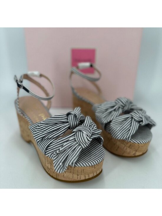 Kate Spade Julep Double Bow Platform Wedge Sandals sz 6.5 Navy Stripe Cork Ankle - Picture 2 of 11